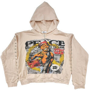 Vale Lives Forever Ladies Peace Zip Up Hoodie Cream Beige Studded Sz L